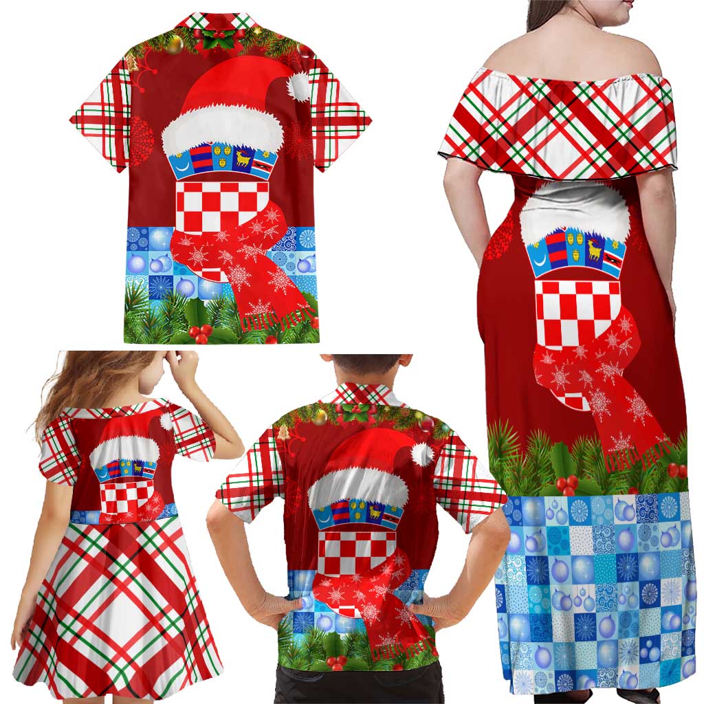 Croatia Christmas Family Matching Off Shoulder Maxi Dress and Hawaiian Shirt with Dalmatian Dog Presents and Red Plaid Holiday - Wonder Print Shop