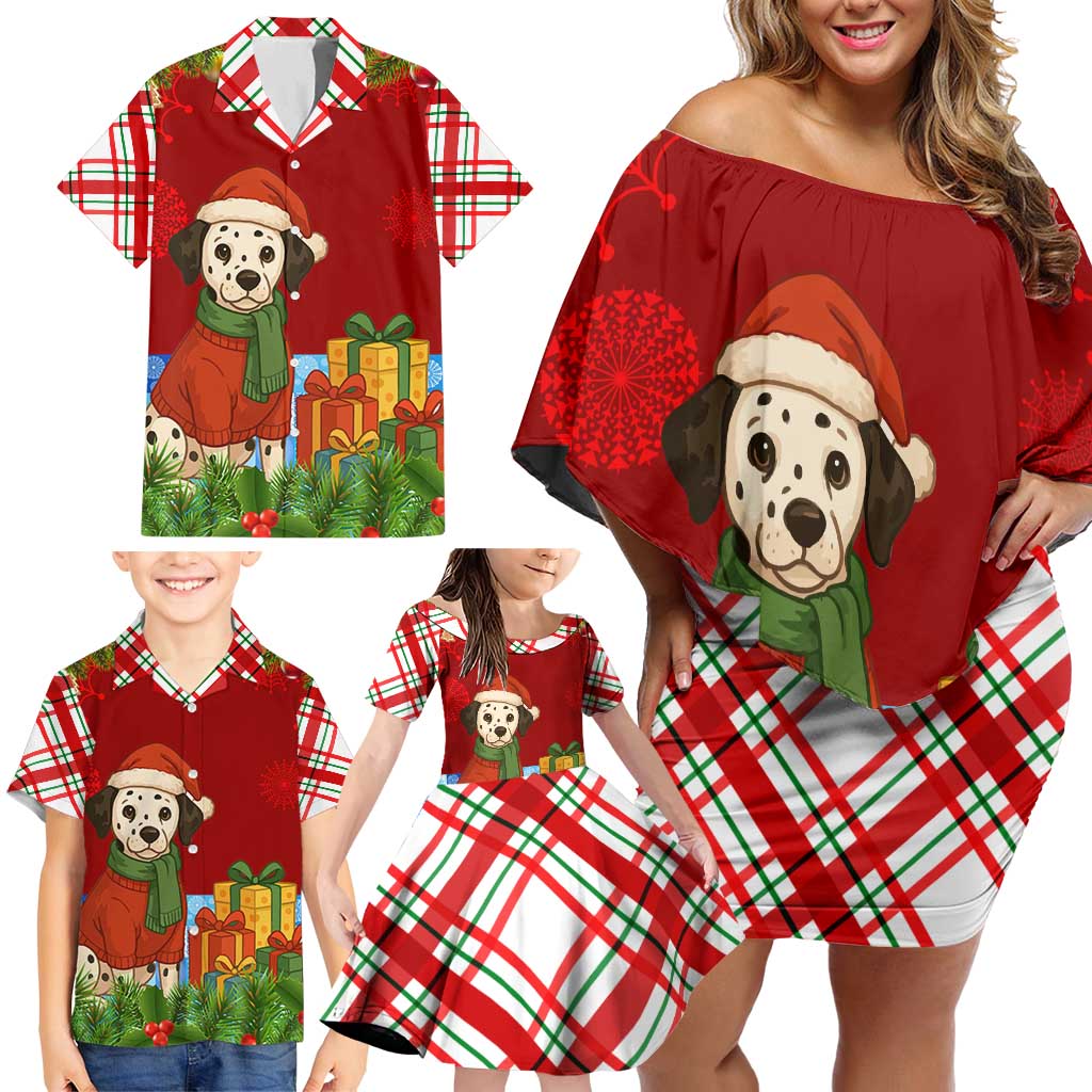 Croatia Christmas Family Matching Off Shoulder Short Dress and Hawaiian Shirt with Dalmatian Dog Presents and Red Plaid Holiday - Wonder Print Shop