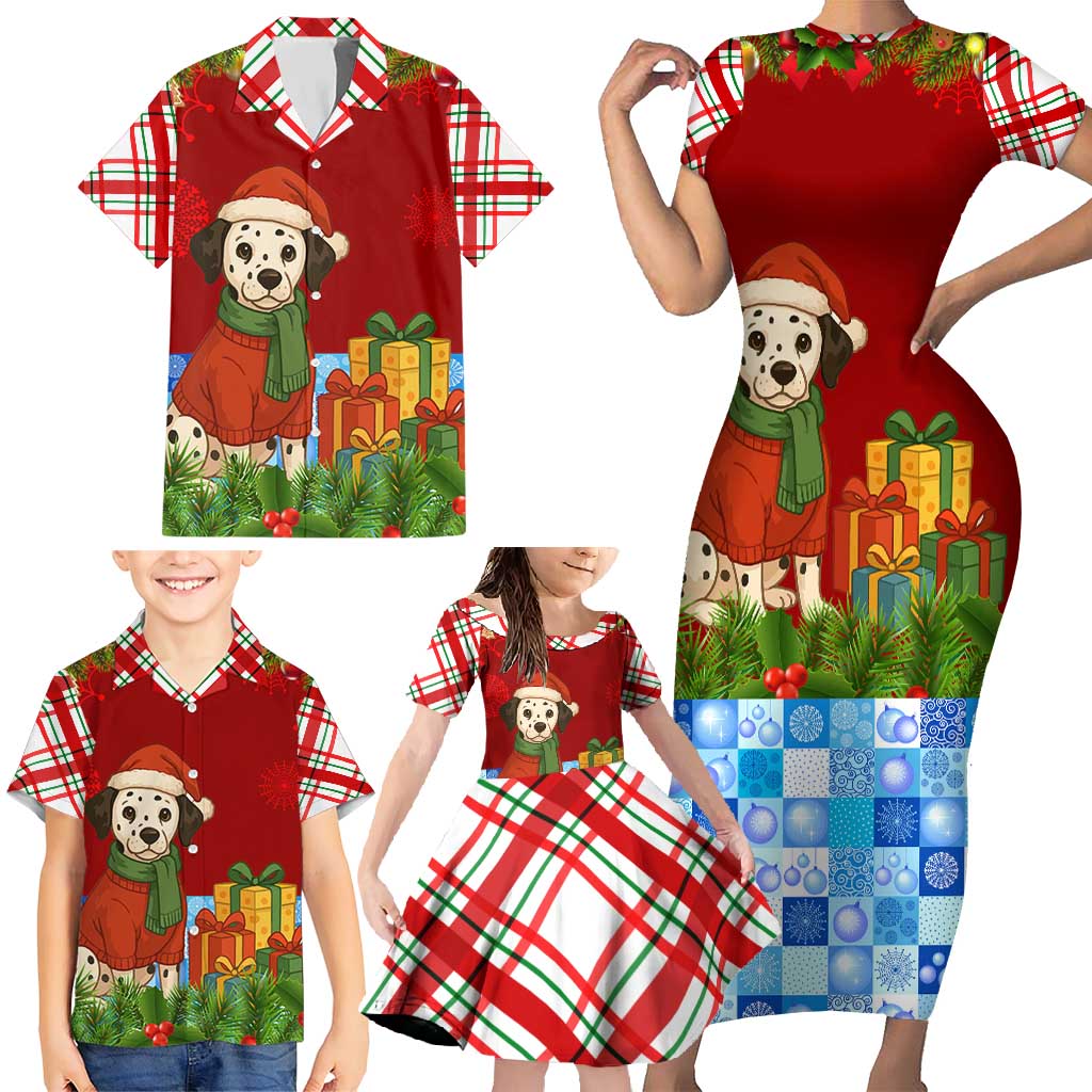 Croatia Christmas Family Matching Short Sleeve Bodycon Dress and Hawaiian Shirt with Dalmatian Dog Presents and Red Plaid Holiday - Wonder Print Shop