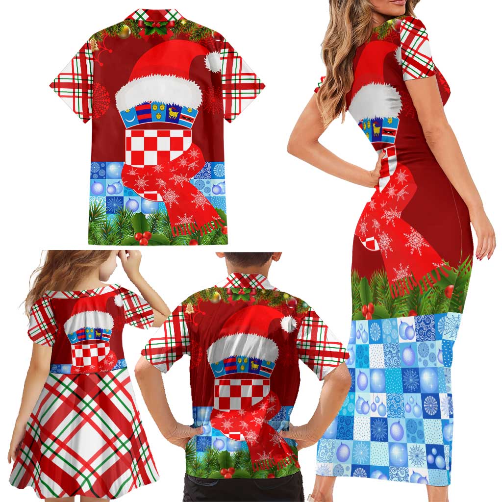 Croatia Christmas Family Matching Short Sleeve Bodycon Dress and Hawaiian Shirt with Dalmatian Dog Presents and Red Plaid Holiday - Wonder Print Shop