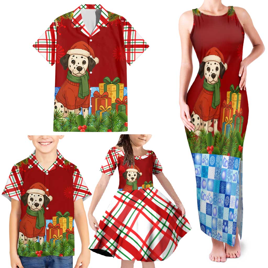 Croatia Christmas Family Matching Tank Maxi Dress and Hawaiian Shirt with Dalmatian Dog Presents and Red Plaid Holiday - Wonder Print Shop