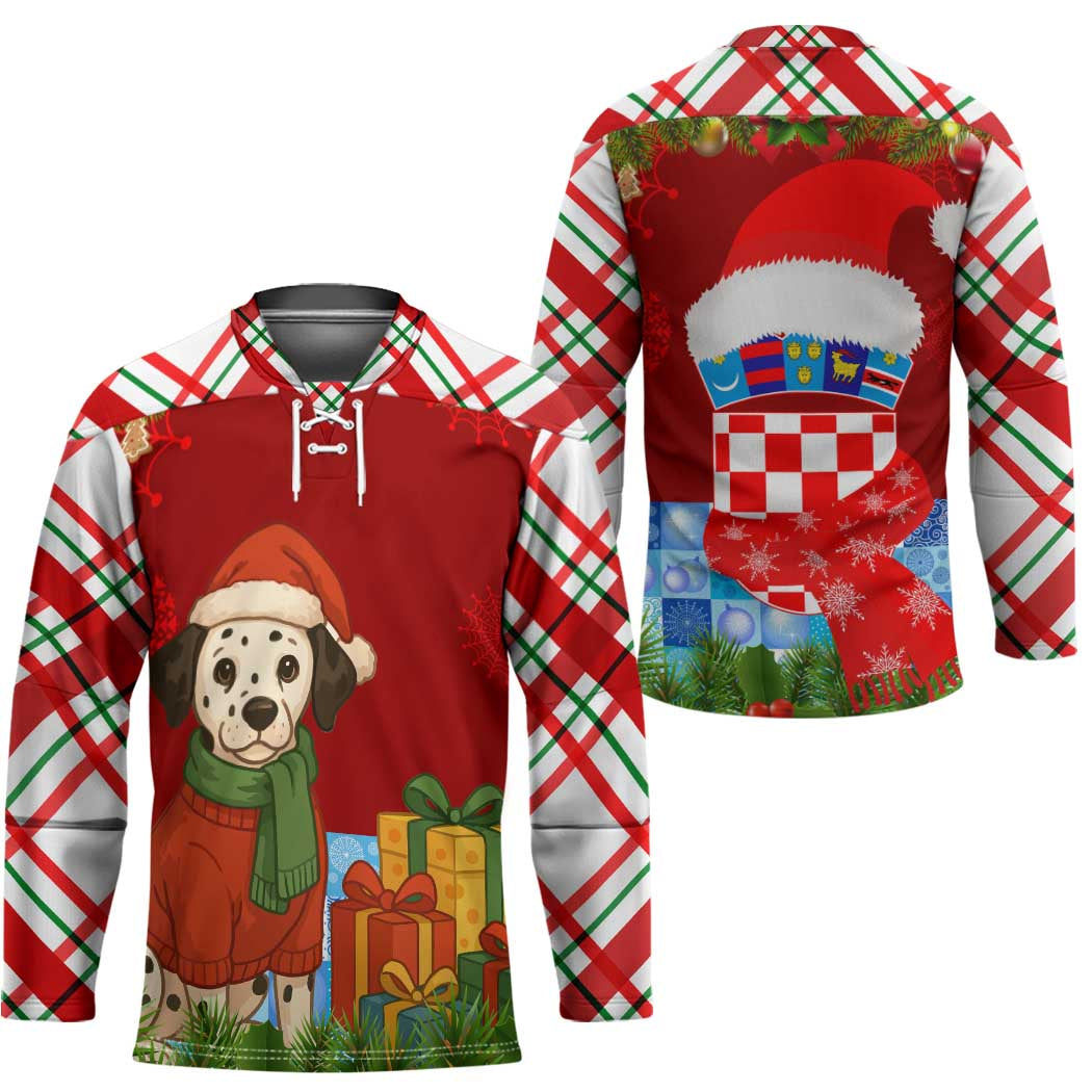Croatia Christmas Hockey Jersey with Dalmatian Dog Presents and Red Plaid Holiday - Wonder Print Shop