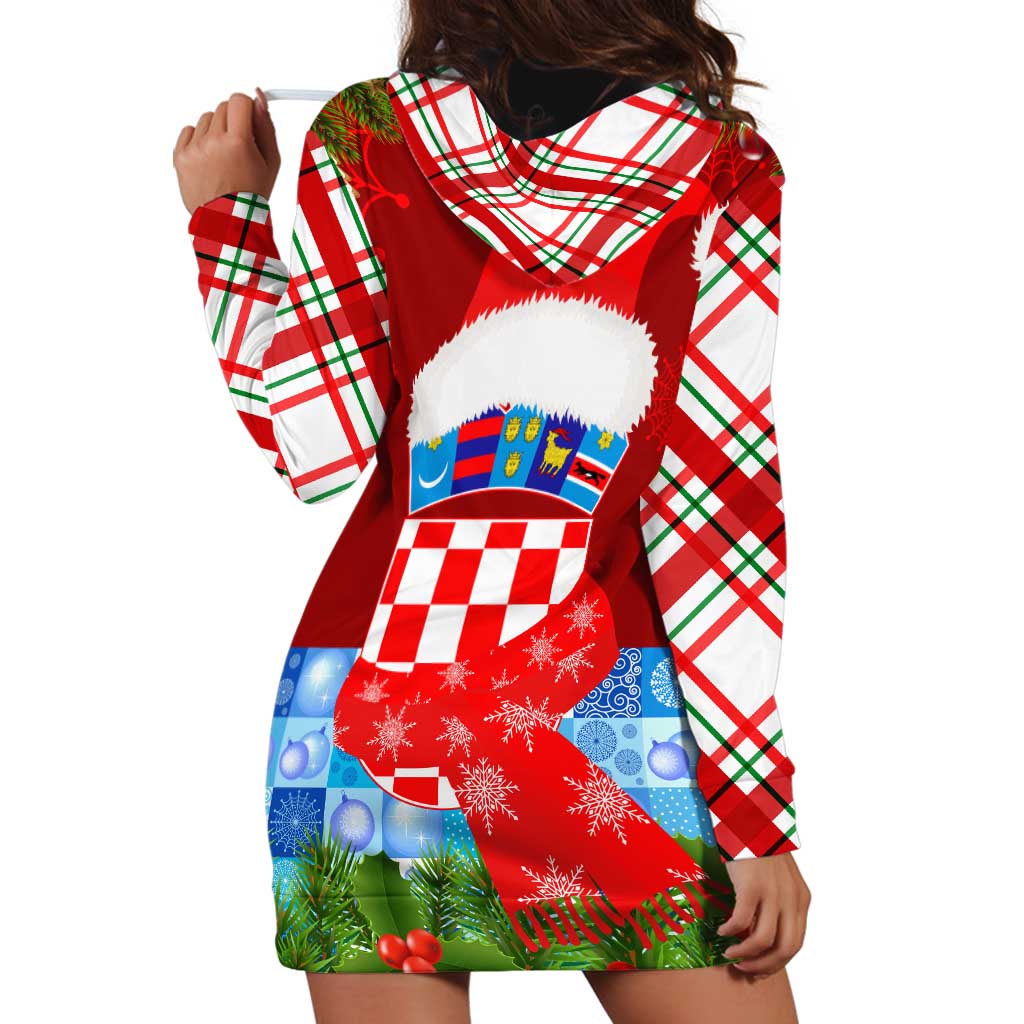 Croatia Christmas Hoodie Dress with Dalmatian Dog Presents and Red Plaid Holiday - Wonder Print Shop