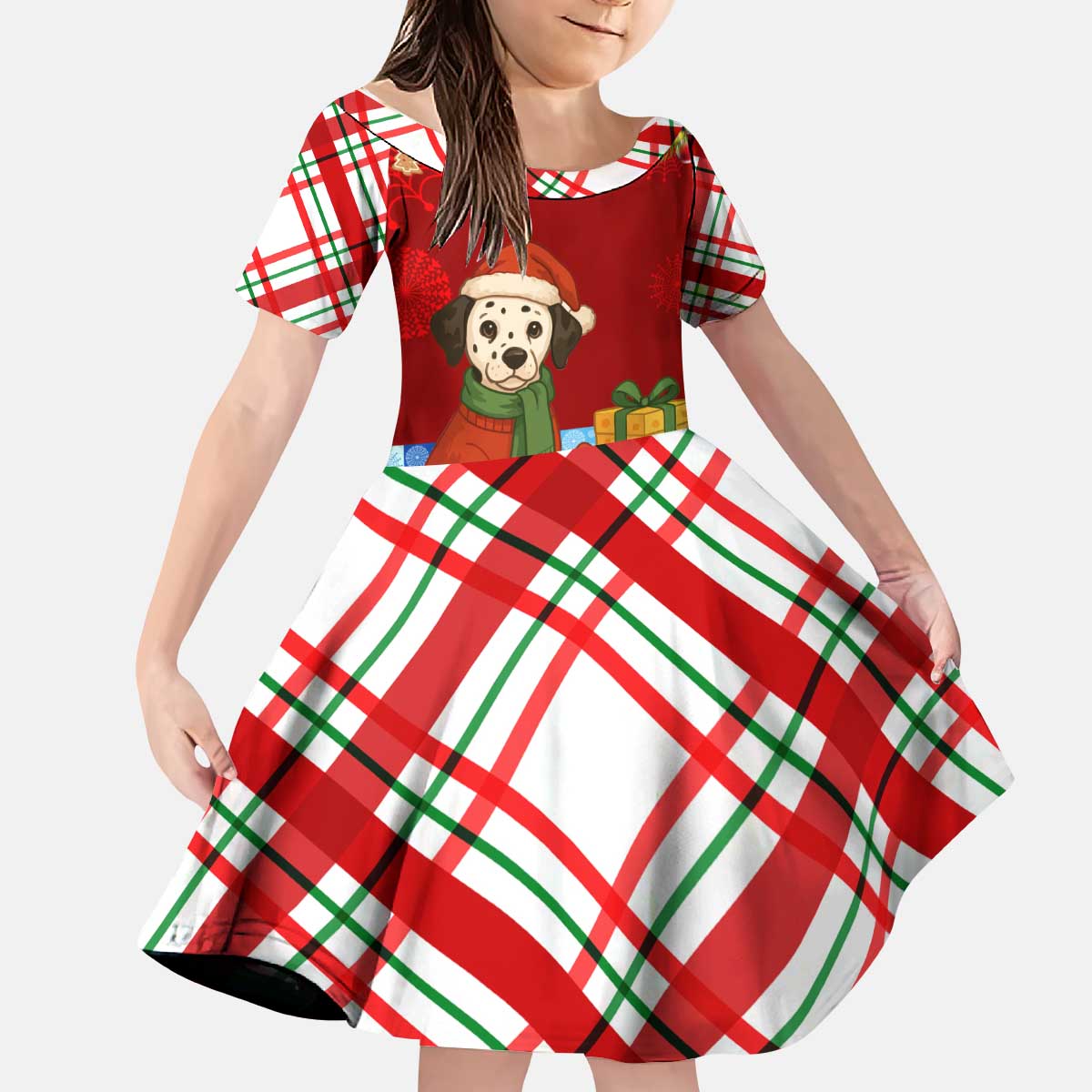 Croatia Christmas Kid Short Sleeve Dress with Dalmatian Dog Presents and Red Plaid Holiday - Wonder Print Shop