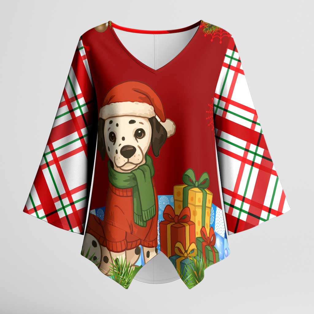 Croatia Christmas Kimono Sleeve Blouse with Dalmatian Dog Presents and Red Plaid Holiday - Wonder Print Shop