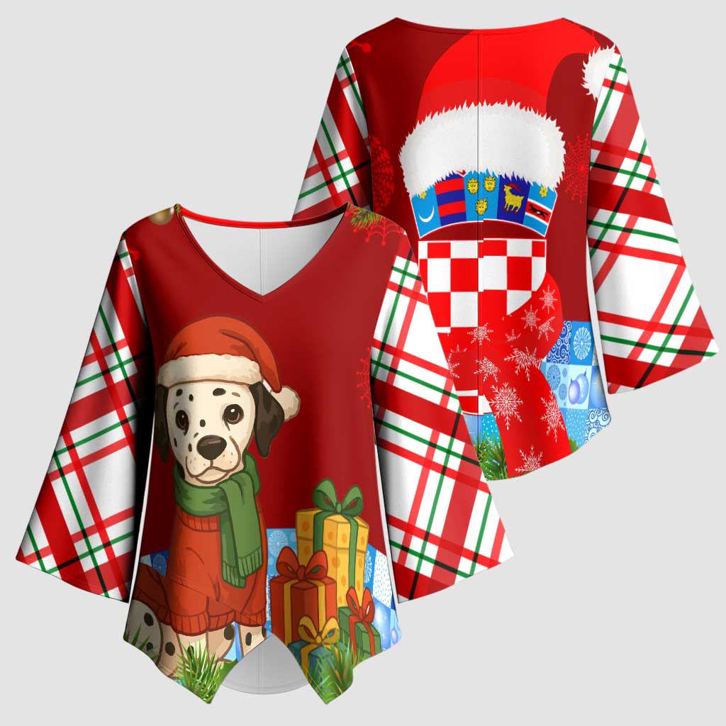 Croatia Christmas Kimono Sleeve Blouse with Dalmatian Dog Presents and Red Plaid Holiday - Wonder Print Shop