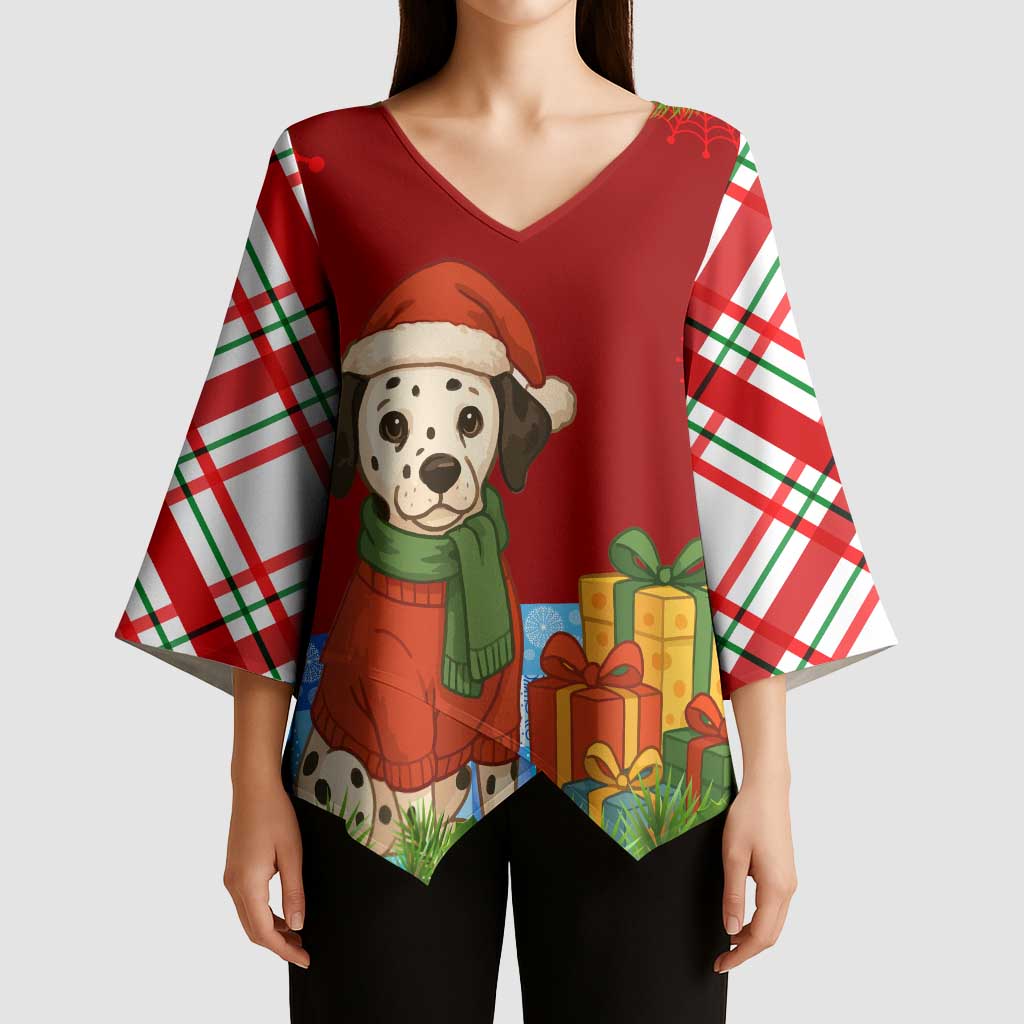 Croatia Christmas Kimono Sleeve Blouse with Dalmatian Dog Presents and Red Plaid Holiday - Wonder Print Shop