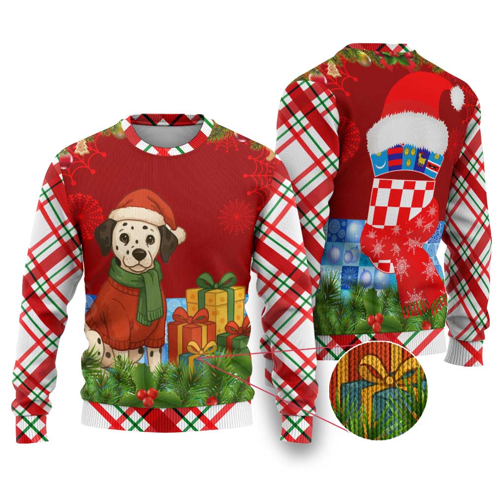 Croatia Christmas Ugly Christmas Sweater with Dalmatian Dog Presents and Red Plaid Holiday - Wonder Print Shop