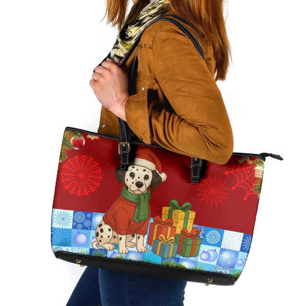 Croatia Christmas Leather Tote Bag with Dalmatian Dog Presents and Red Plaid Holiday - Wonder Print Shop