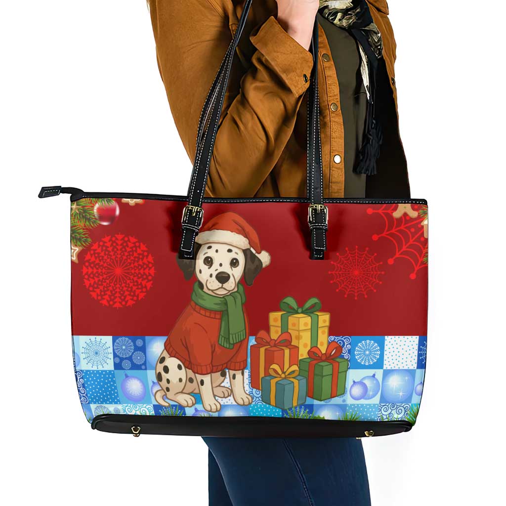 Croatia Christmas Leather Tote Bag with Dalmatian Dog Presents and Red Plaid Holiday - Wonder Print Shop