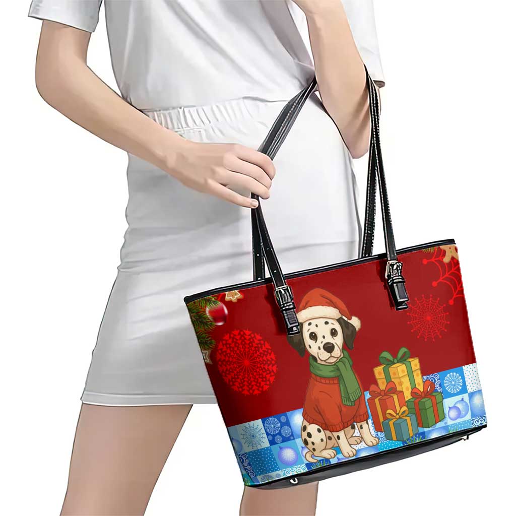 Croatia Christmas Leather Tote Bag with Dalmatian Dog Presents and Red Plaid Holiday - Wonder Print Shop