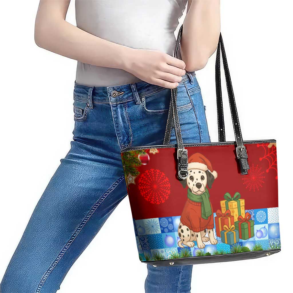 Croatia Christmas Leather Tote Bag with Dalmatian Dog Presents and Red Plaid Holiday - Wonder Print Shop