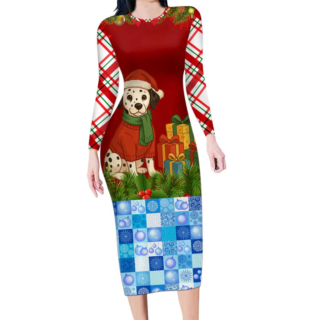 Croatia Christmas Long Sleeve Bodycon Dress with Dalmatian Dog Presents and Red Plaid Holiday - Wonder Print Shop