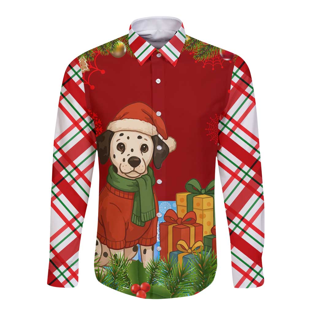 Croatia Christmas Long Sleeve Button Shirt with Dalmatian Dog Presents and Red Plaid Holiday - Wonder Print Shop