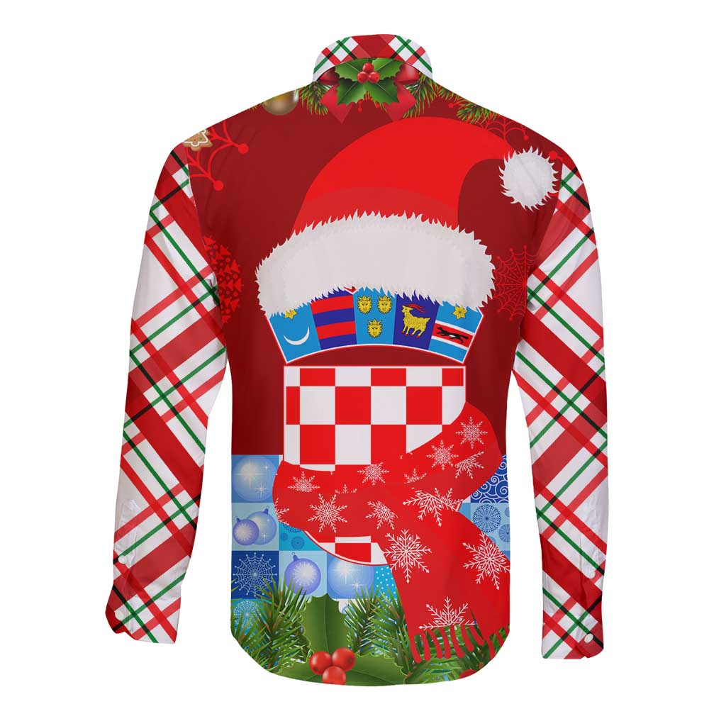 Croatia Christmas Long Sleeve Button Shirt with Dalmatian Dog Presents and Red Plaid Holiday - Wonder Print Shop