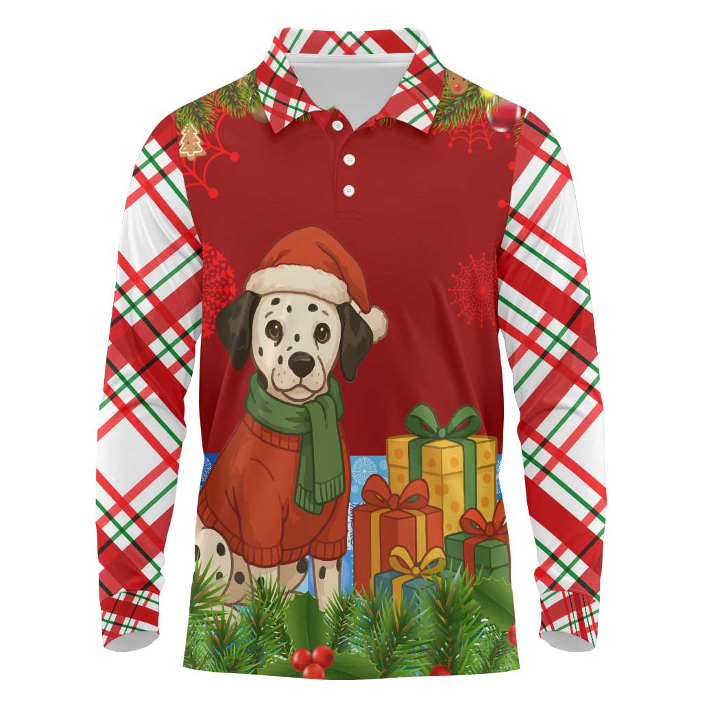 Croatia Christmas Long Sleeve Polo Shirt with Dalmatian Dog Presents and Red Plaid Holiday - Wonder Print Shop