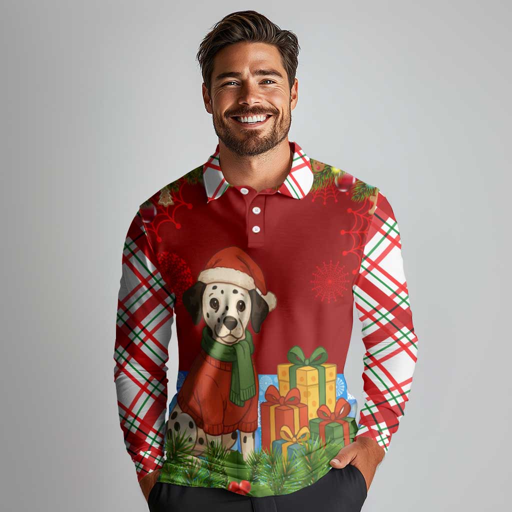 Croatia Christmas Long Sleeve Polo Shirt with Dalmatian Dog Presents and Red Plaid Holiday - Wonder Print Shop
