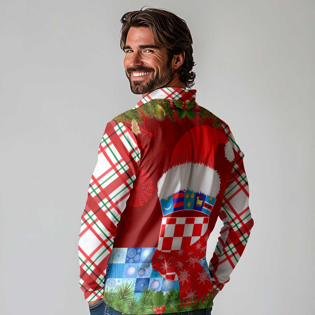 Croatia Christmas Long Sleeve Polo Shirt with Dalmatian Dog Presents and Red Plaid Holiday - Wonder Print Shop