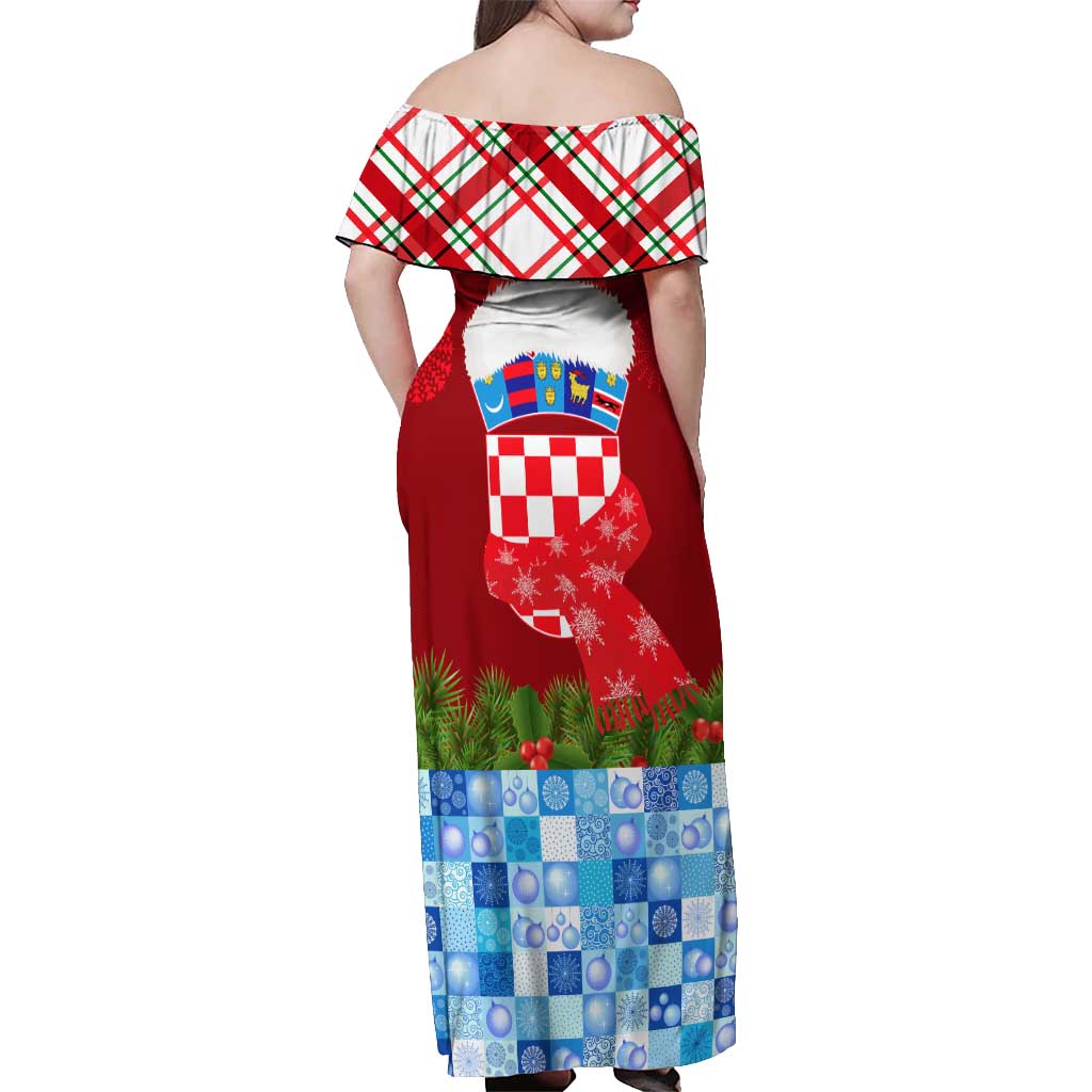 Croatia Christmas Off Shoulder Maxi Dress with Dalmatian Dog Presents and Red Plaid Holiday - Wonder Print Shop