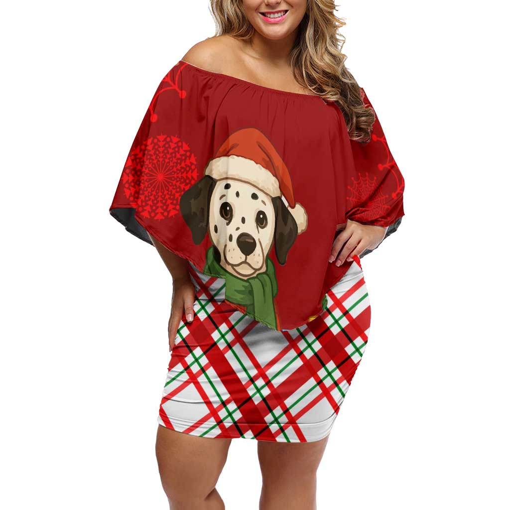 Croatia Christmas Off Shoulder Short Dress with Dalmatian Dog Presents and Red Plaid Holiday - Wonder Print Shop