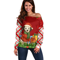 Croatia Christmas Off Shoulder Sweater with Dalmatian Dog Presents and Red Plaid Holiday - Wonder Print Shop