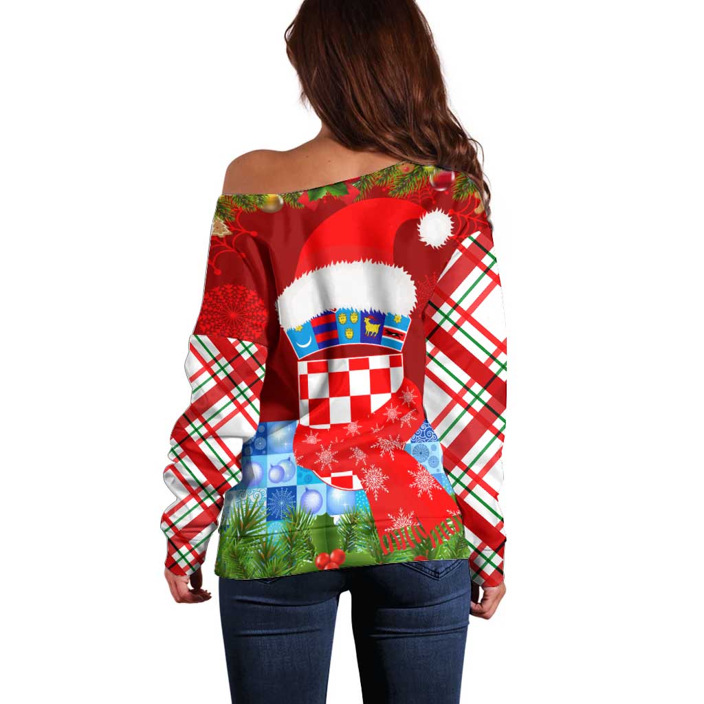 Croatia Christmas Off Shoulder Sweater with Dalmatian Dog Presents and Red Plaid Holiday - Wonder Print Shop