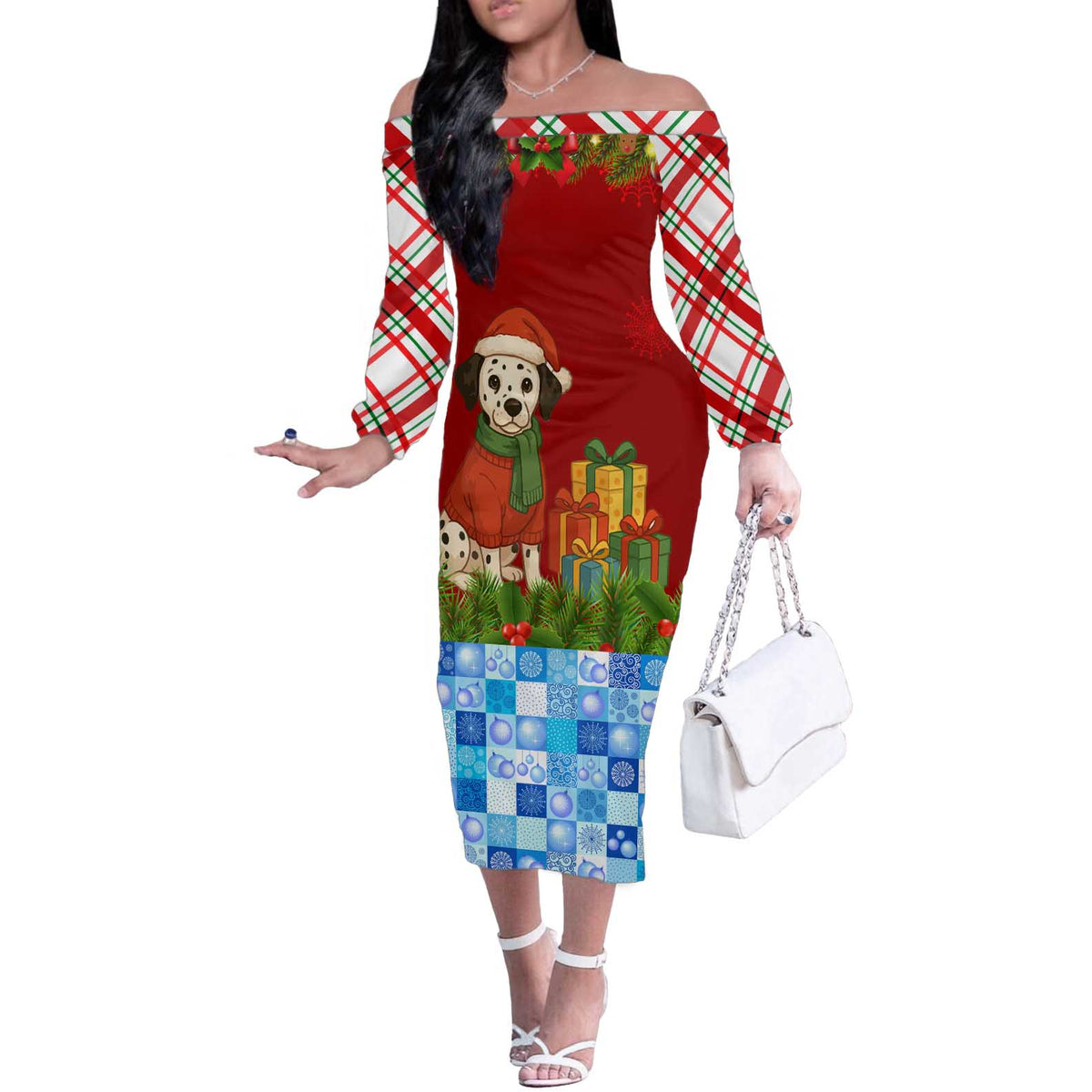 Croatia Christmas Off The Shoulder Long Sleeve Dress with Dalmatian Dog Presents and Red Plaid Holiday - Wonder Print Shop