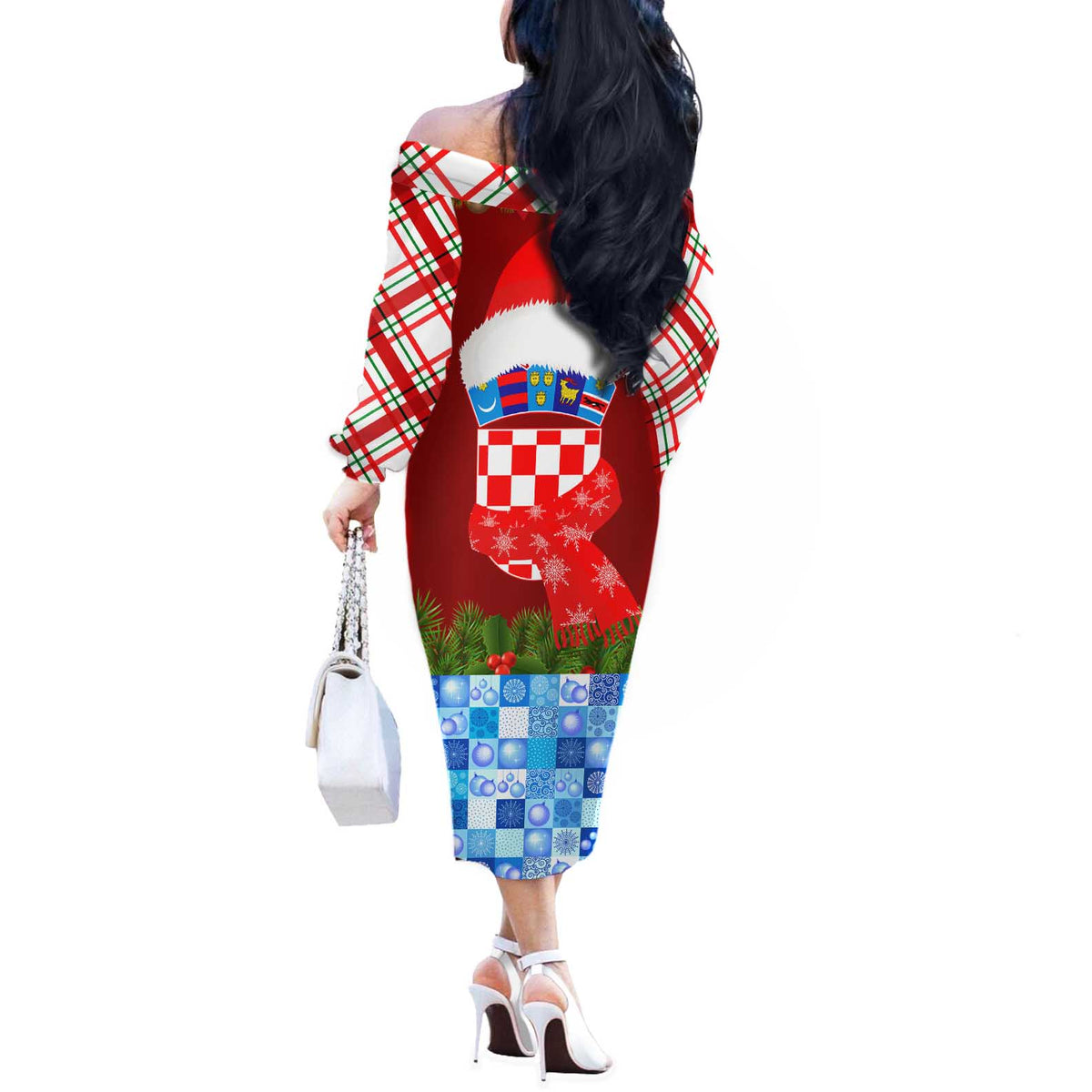 Croatia Christmas Off The Shoulder Long Sleeve Dress with Dalmatian Dog Presents and Red Plaid Holiday - Wonder Print Shop