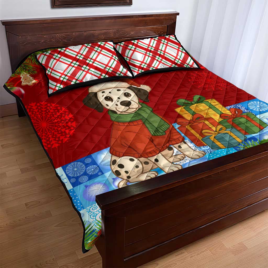 Croatia Christmas Quilt Bed Set with Dalmatian Dog Presents and Red Plaid Holiday - Wonder Print Shop