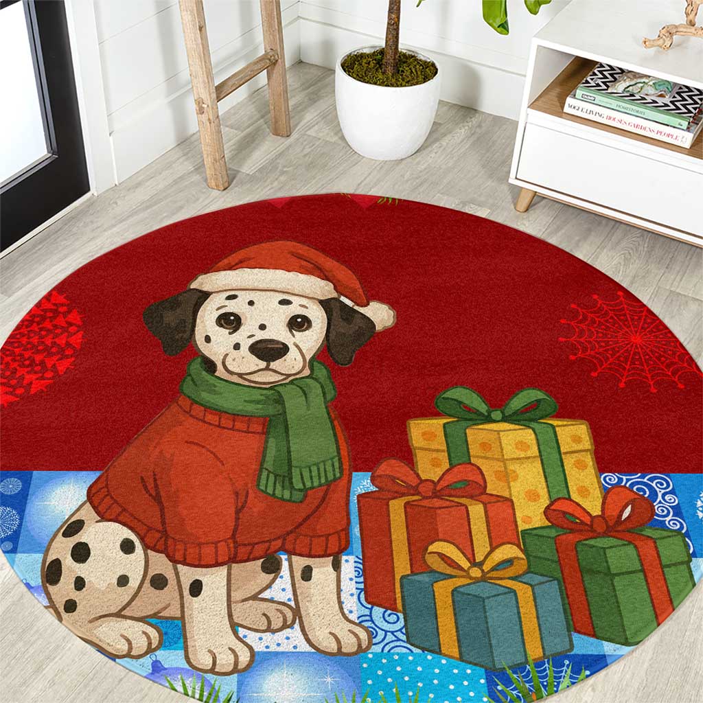 Croatia Christmas Round Carpet with Dalmatian Dog Presents and Red Plaid Holiday - Wonder Print Shop