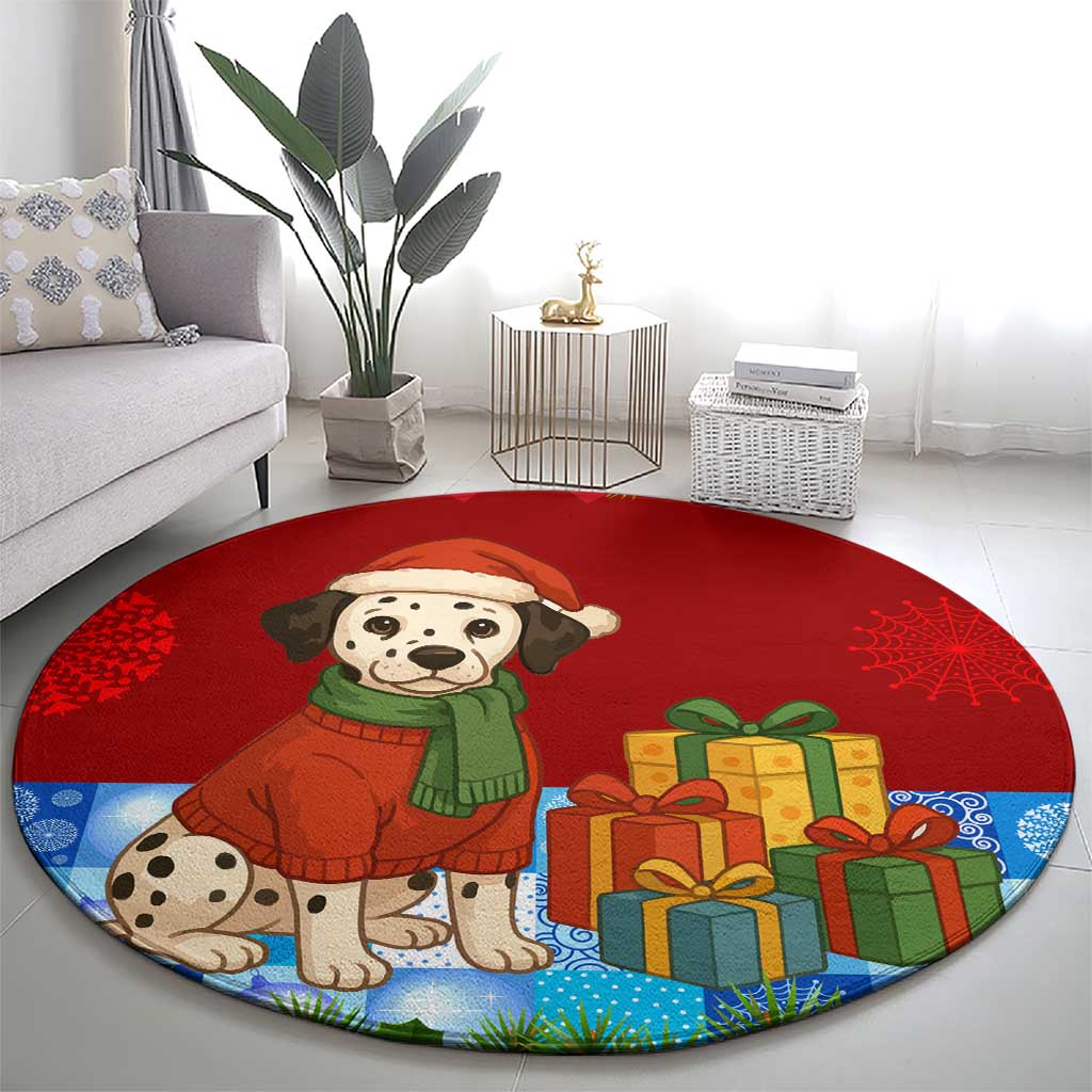 Croatia Christmas Round Carpet with Dalmatian Dog Presents and Red Plaid Holiday - Wonder Print Shop