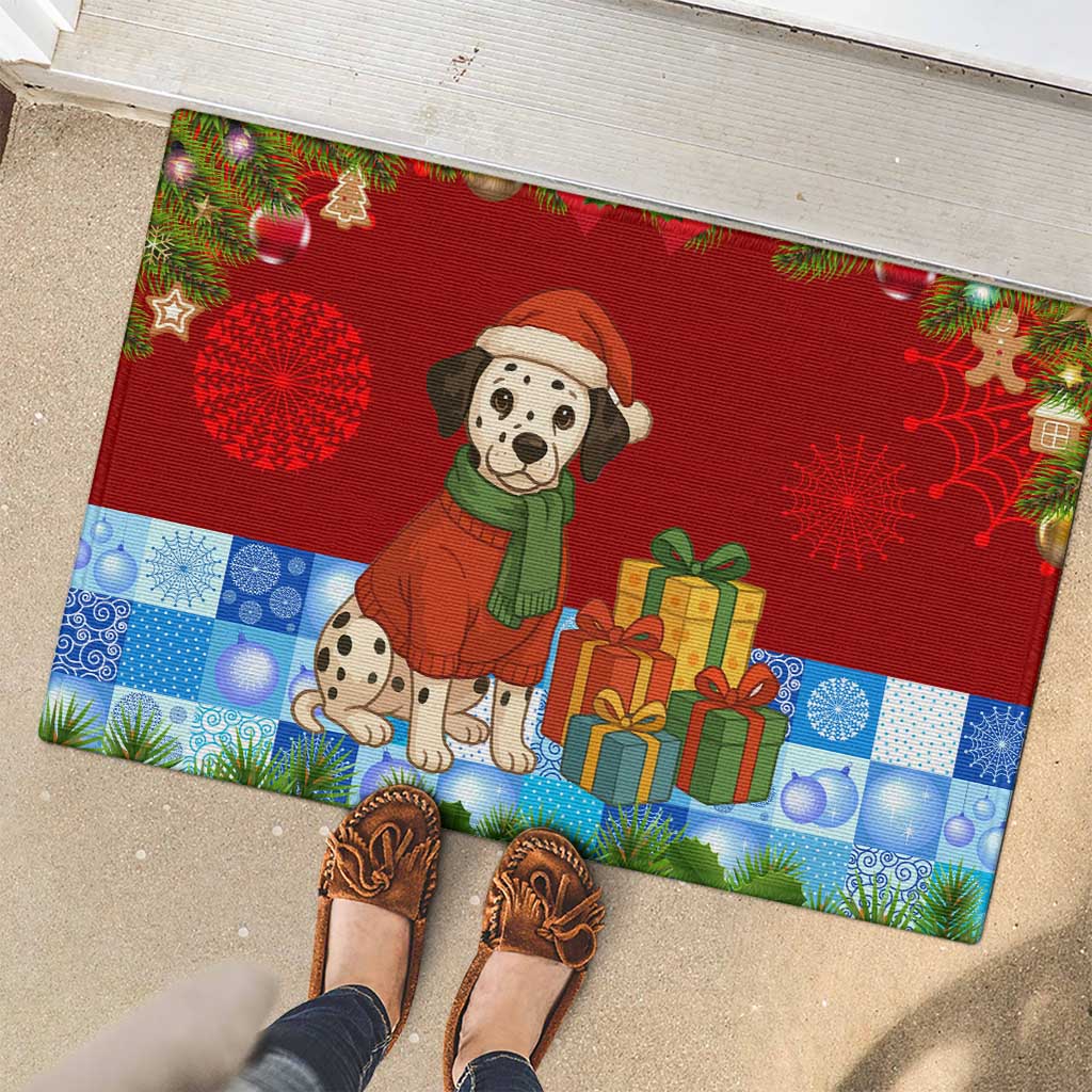 Croatia Christmas Rubber Doormat with Dalmatian Dog Presents and Red Plaid Holiday - Wonder Print Shop