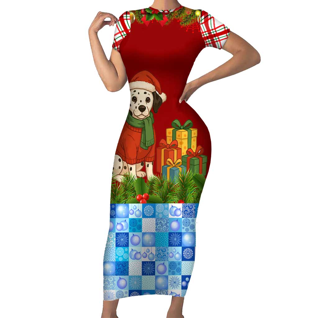 Croatia Christmas Short Sleeve Bodycon Dress with Dalmatian Dog Presents and Red Plaid Holiday - Wonder Print Shop