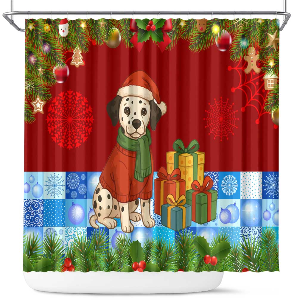 Croatia Christmas Shower Curtain with Dalmatian Dog Presents and Red Plaid Holiday - Wonder Print Shop