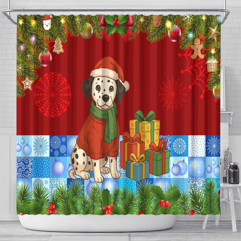 Croatia Christmas Shower Curtain with Dalmatian Dog Presents and Red Plaid Holiday - Wonder Print Shop