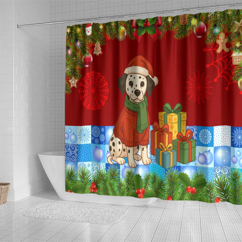 Croatia Christmas Shower Curtain with Dalmatian Dog Presents and Red Plaid Holiday - Wonder Print Shop