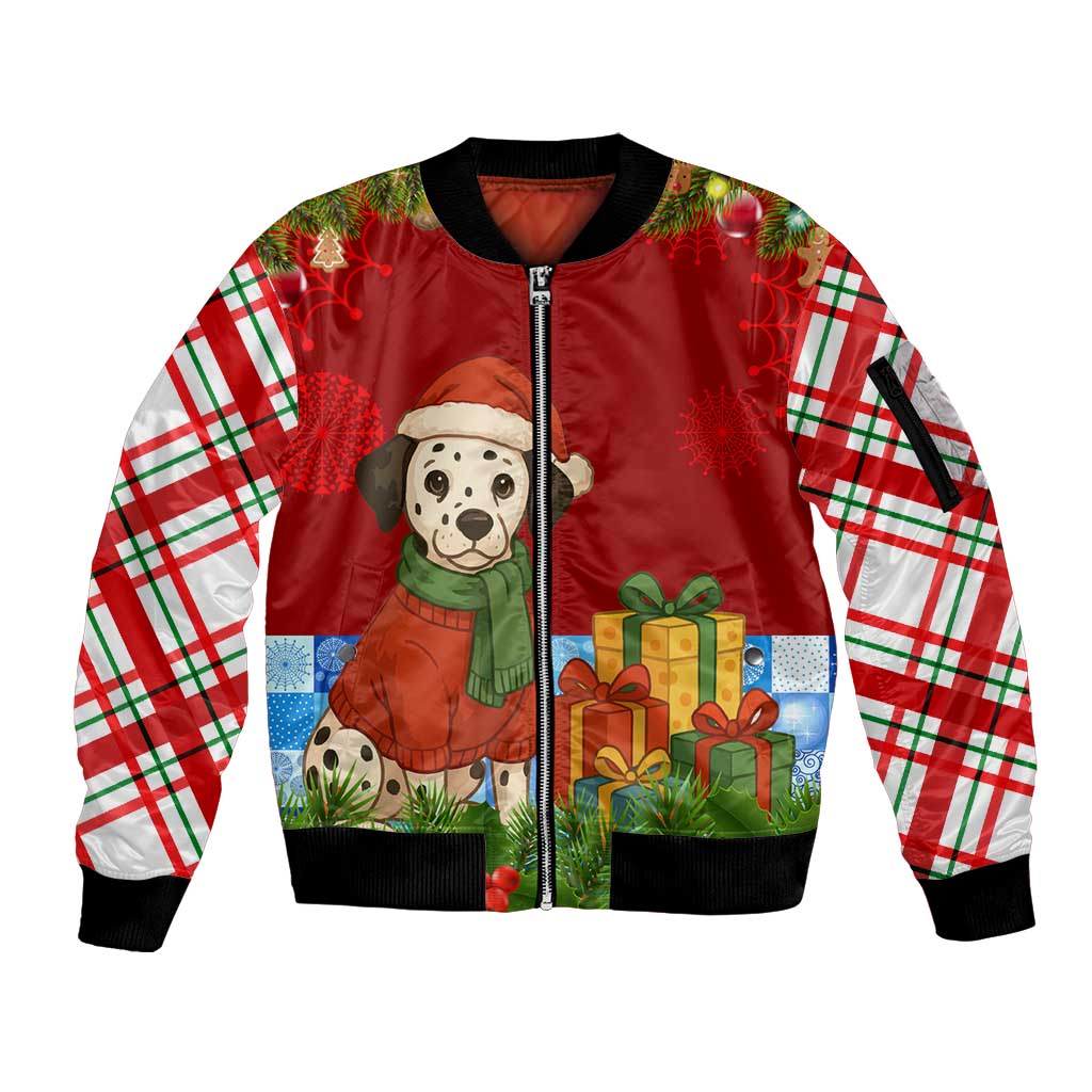 Croatia Christmas Sleeve Zip Bomber Jacket with Dalmatian Dog Presents and Red Plaid Holiday - Wonder Print Shop
