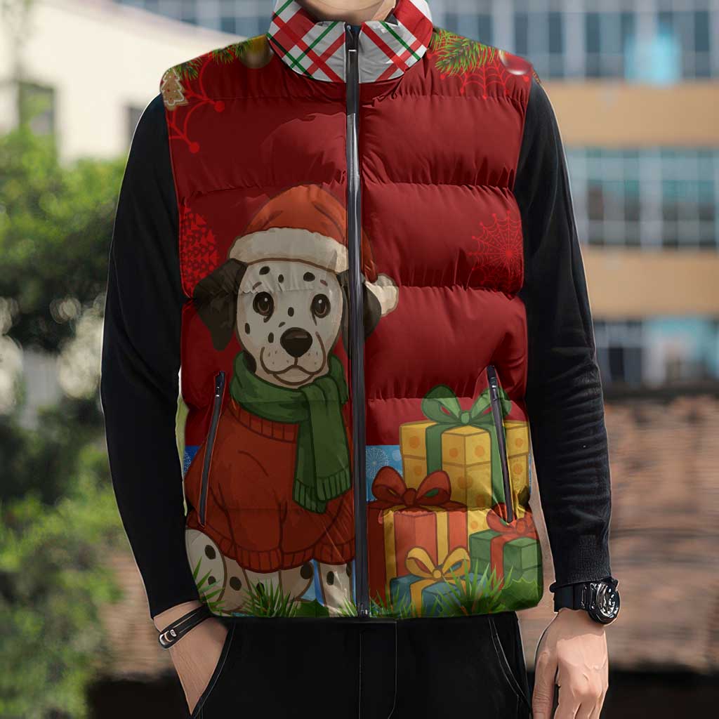 Croatia Christmas Sleeveless Puffer Jacket with Dalmatian Dog Presents and Red Plaid Holiday - Wonder Print Shop