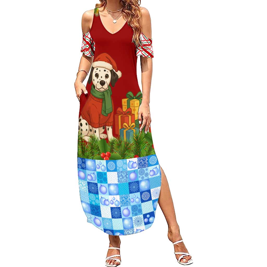Croatia Christmas Summer Maxi Dress with Dalmatian Dog Presents and Red Plaid Holiday - Wonder Print Shop