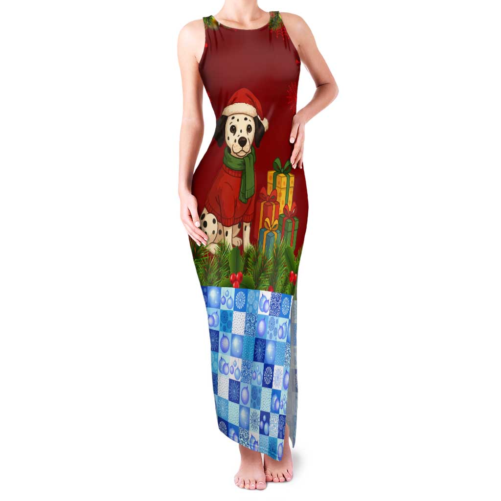 Croatia Christmas Tank Maxi Dress with Dalmatian Dog Presents and Red Plaid Holiday - Wonder Print Shop