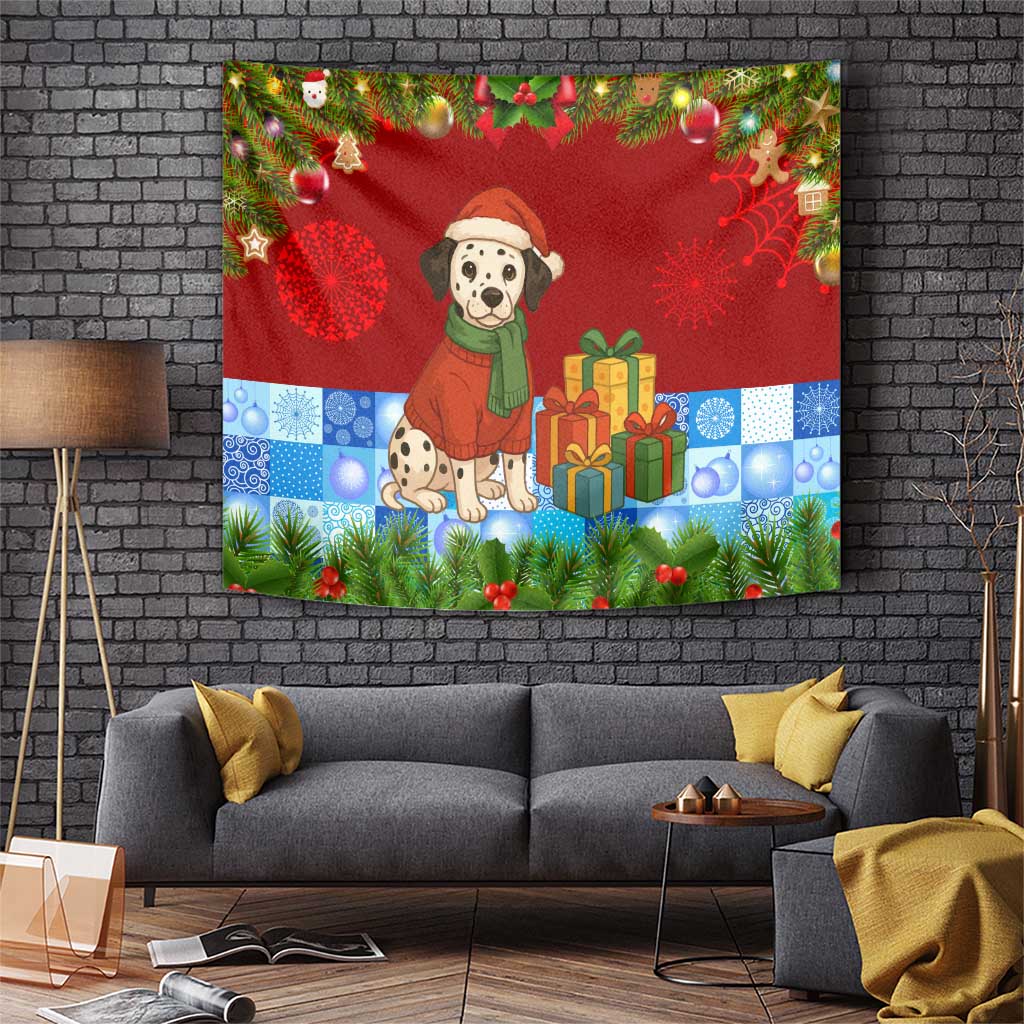 Croatia Christmas Tapestry with Dalmatian Dog Presents and Red Plaid Holiday - Wonder Print Shop
