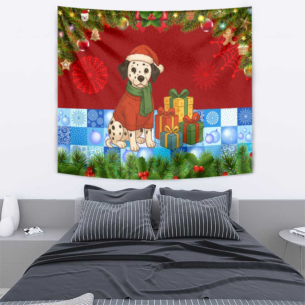 Croatia Christmas Tapestry with Dalmatian Dog Presents and Red Plaid Holiday - Wonder Print Shop