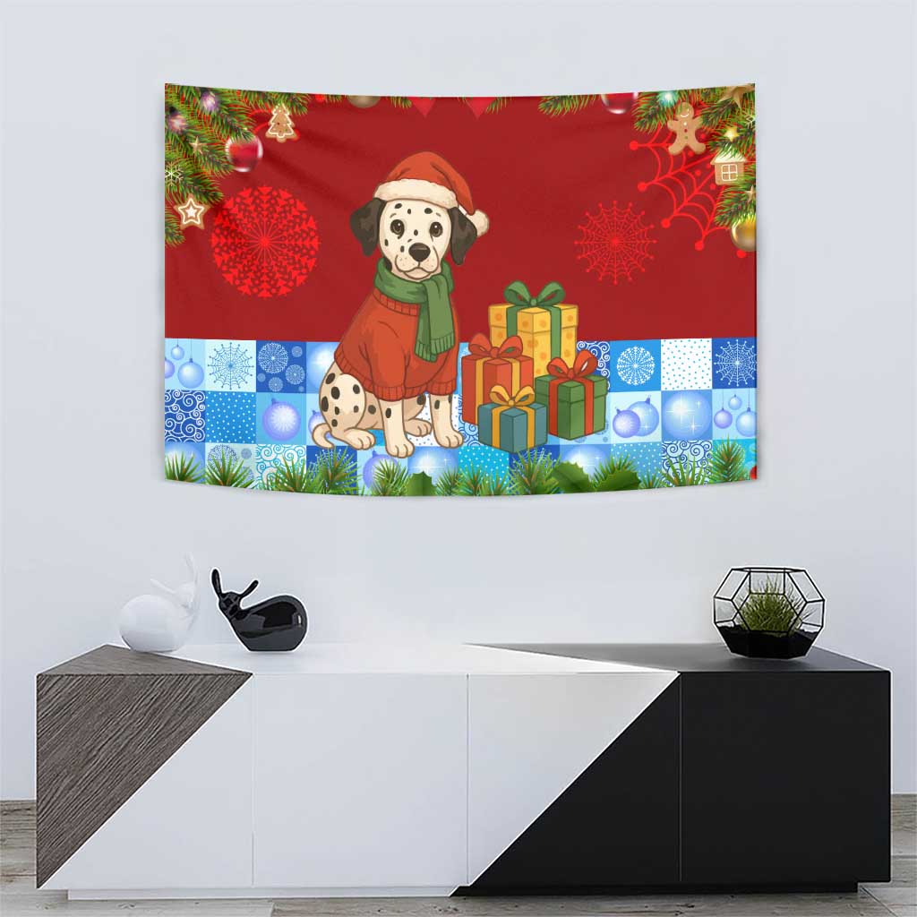 Croatia Christmas Tapestry with Dalmatian Dog Presents and Red Plaid Holiday - Wonder Print Shop
