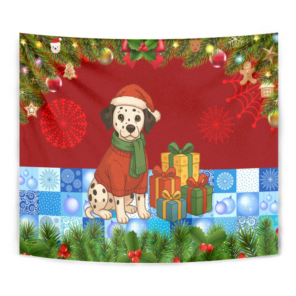 Croatia Christmas Tapestry with Dalmatian Dog Presents and Red Plaid Holiday - Wonder Print Shop