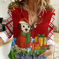 Croatia Christmas Women Casual Shirt with Dalmatian Dog Presents and Red Plaid Holiday - Wonder Print Shop