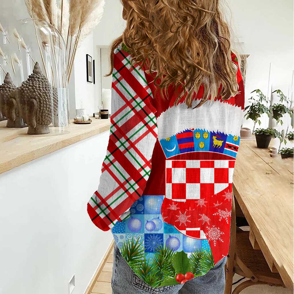 Croatia Christmas Women Casual Shirt with Dalmatian Dog Presents and Red Plaid Holiday - Wonder Print Shop