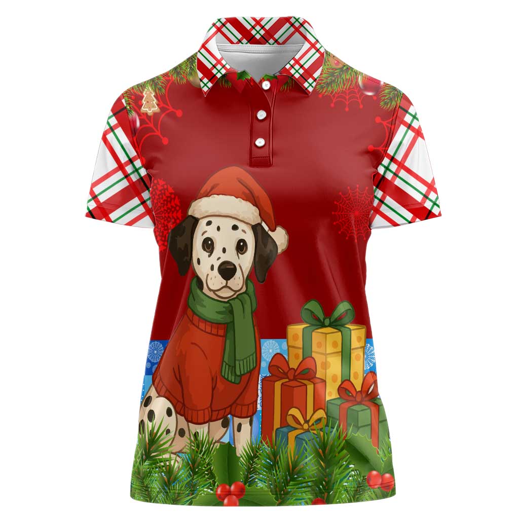 Croatia Christmas Women Polo Shirt with Dalmatian Dog Presents and Red Plaid Holiday - Wonder Print Shop