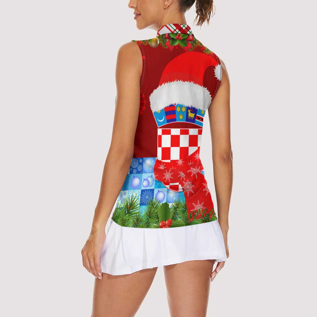 Croatia Christmas Women Sleeveless Polo Shirt with Dalmatian Dog Presents and Red Plaid Holiday - Wonder Print Shop