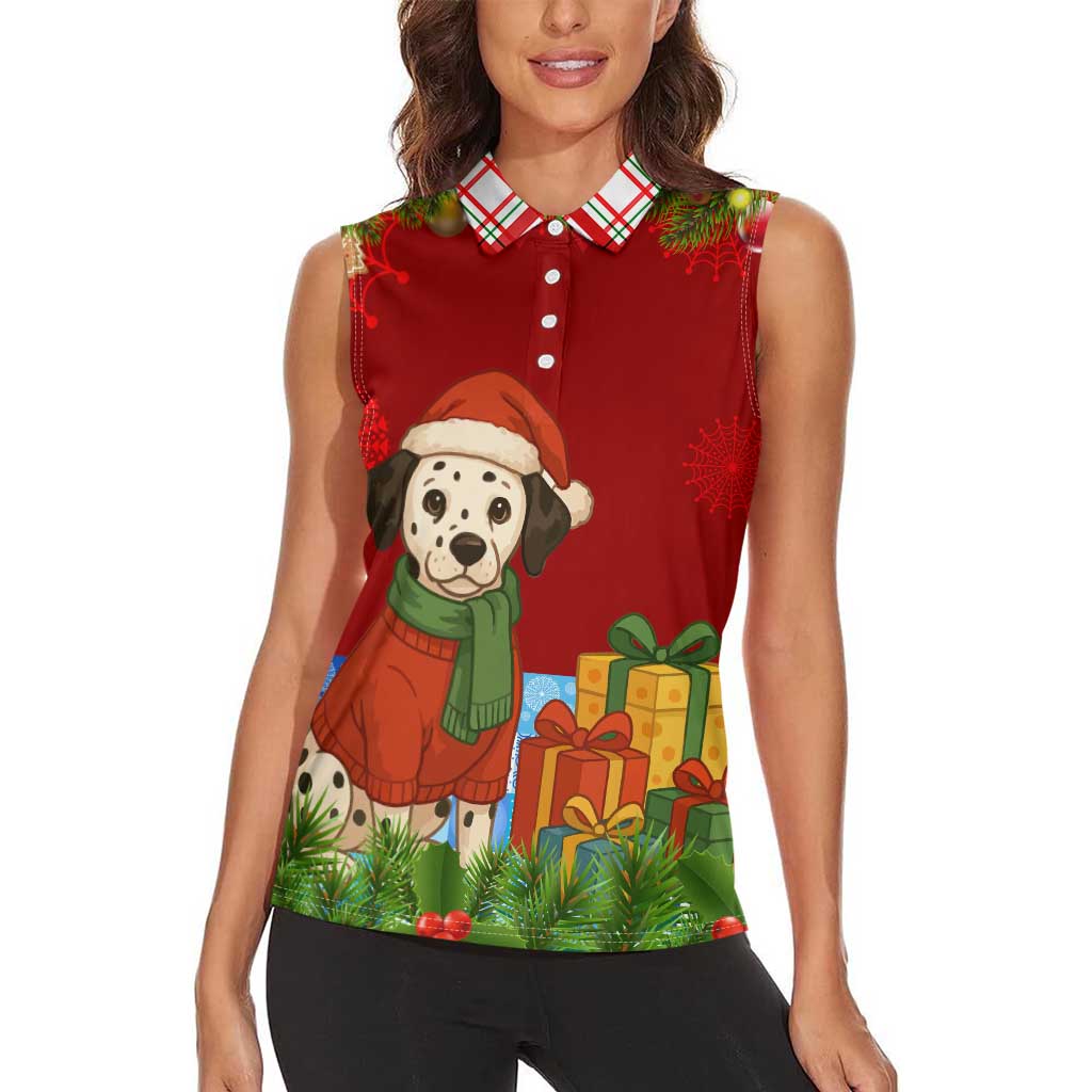 Croatia Christmas Women Sleeveless Polo Shirt with Dalmatian Dog Presents and Red Plaid Holiday - Wonder Print Shop