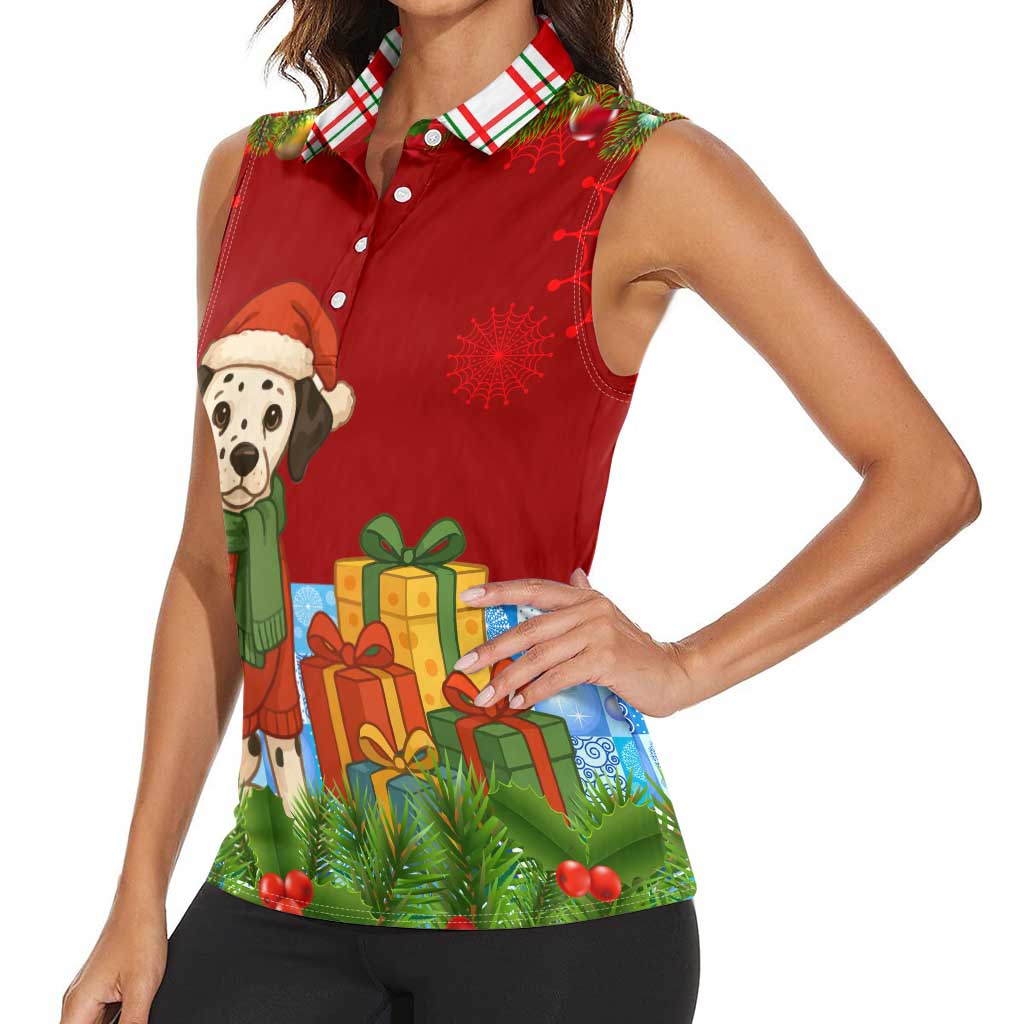 Croatia Christmas Women Sleeveless Polo Shirt with Dalmatian Dog Presents and Red Plaid Holiday - Wonder Print Shop